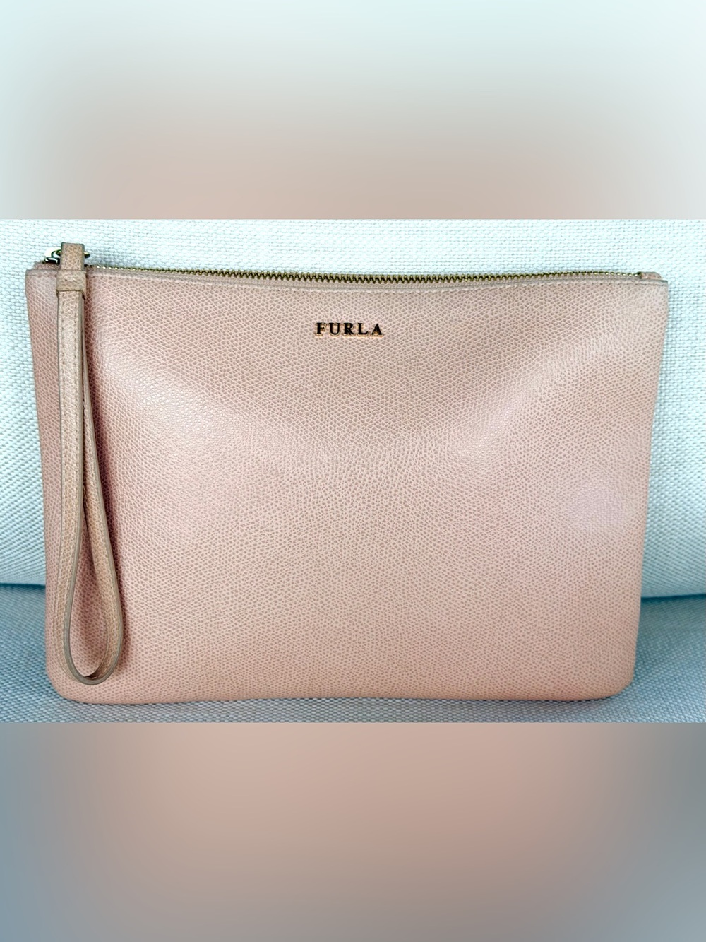 FURLA Blush Pink Leather Wristlet Clutch Zip Pouch